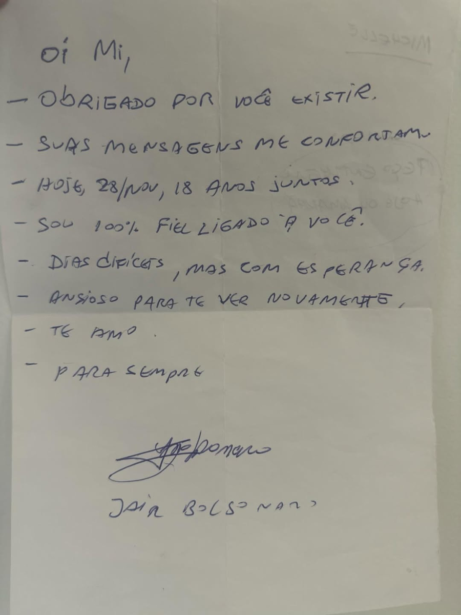 Michelle compartilha carta de Jair Bolsonaro após prisão